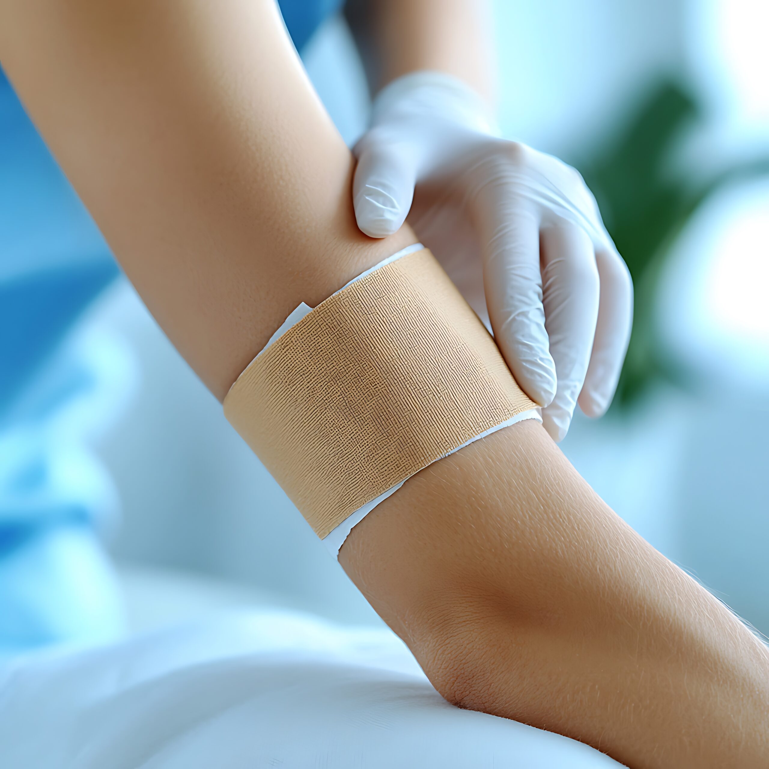 Applying a medical bandage to arm